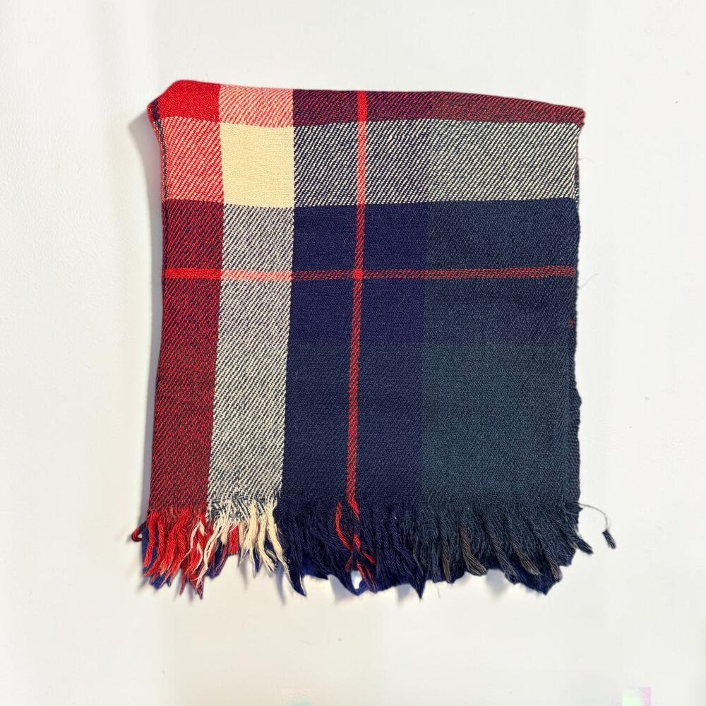 Vintage Wool Blanket Plaid Fringed Blue Red Cream Throw Unbranded 58”x64”